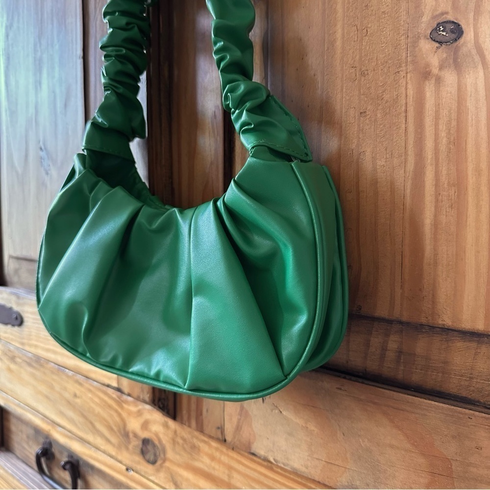 Green Ruched Hobo Mini Bag Underarm Purse Y2K Shoulder Bag Pleated PU Leather - Picture 4 of 12